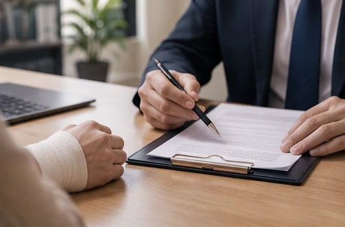 Escena ilustrativa de revisión de antecedentes en una consulta por lesiones.