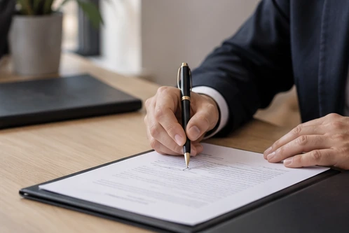 Escena ilustrativa de revisión y firma de un finiquito.
