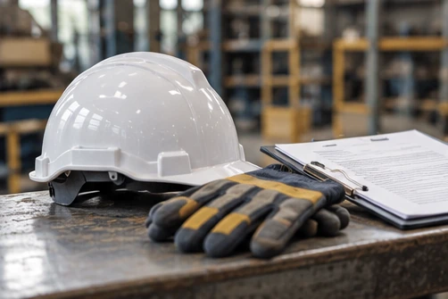 Casco, guantes y documentos en un entorno industrial, imagen ilustrativa.